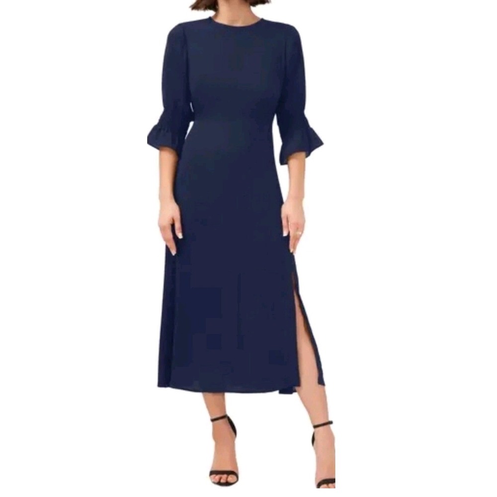 Halogen Classic Navy Ruffle Cuff Midi Dress Side Slit XXL New